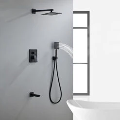 DYHF Set Doccia Completo Nero Con Soffione E Doccetta, Doccia Sistema Con Valvola Montaggio A Parete, Soffione Doccia A Pioggia Quadrato Con Tecnologia Avanzata A Getto D'Aria, Per Bagno