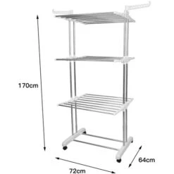 Stendibiancheria Pieghevole In Acciaio Inossidabile 72 64 170 Cm Stendibiancheria Pieghevole Con 3 Livelli, - Doppio Palo Verticale -Stile Bagno 78201547 5