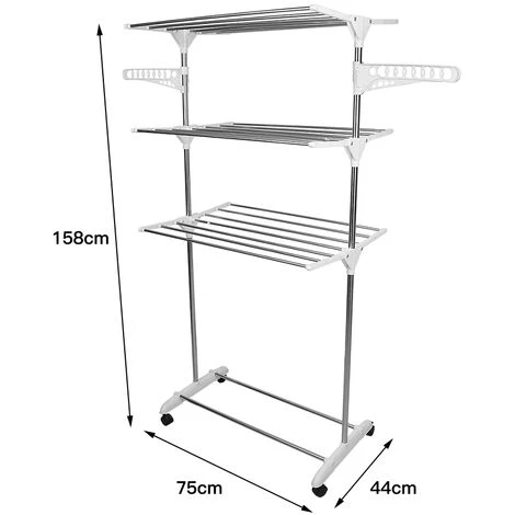 DYHF Stendino Pieghevole Salvaspazio A 3 Livelli Con 4 Ruote E 2 Ali Laterali Tubo In Acciaio Inox 2 DYHF Stendino Pieghevole Salvaspazio A 3 Livelli Con 4 Ruote E 2 Ali Laterali Tubo In Acciaio Inox - immagine 2
