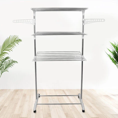 DYHF Stendino Pieghevole Salvaspazio A 3 Livelli Con 4 Ruote E 2 Ali Laterali Tubo In Acciaio Inox 5 DYHF Stendino Pieghevole Salvaspazio A 3 Livelli Con 4 Ruote E 2 Ali Laterali Tubo In Acciaio Inox - immagine 5