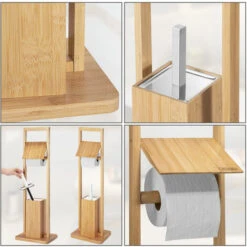 Casaria Piantana 2in1 Da WC 100% Bambù 83x25x20 Incl. Portarotolo & Scopino Intercambiabile Manico In Acciaio Inox -Stile Bagno 79470109 3