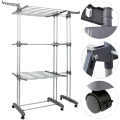 Stendibiancheria Verticale Pieghevole 3 Piani Con Estensioni Laterali 75-142.5x64x170cm Grigio -Stile Bagno 81163459 3