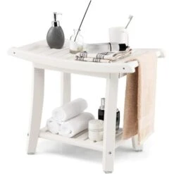 COSTWAY Panca Da Doccia, Sgabello Da Bagno Impermeabile Con Sedile Curvo, Con Portasciugamani E Piedini Antiscivoli, Panca Versatile Con Ripiano, 60,5 X 34 X 48 Cm