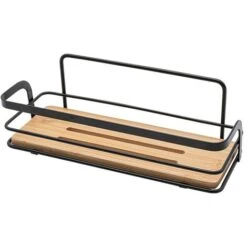 Mensola Doccia Rettangolare In Acciaio Nero E Ripiano In Bamboo Haiti