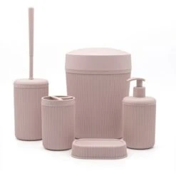Set Completo Accessori Bagno Da Appoggio 5 Pezzi Rosa In Plastica Ring
