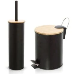 Set Accessori Bagno Scopino E Pattumiera Bianco In Acciaio E Bambù Haiti