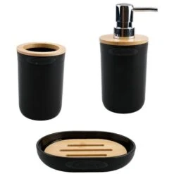 SET 3 PEZZI IN PLASTICA LENO DA BAGNO NERO DISPENSER PORTASPAZZOLINO PORTASAPONE