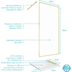 Parete Doccia 100x200cm Finitura Oro Spazzolato + Piatto Doccia Bianco 100x80x4cm -Stile Bagno 89616363 4