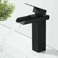 Rubinetto Per Bagno A Cascata Nero Opaco, Rubinetto Per Lavabo Monocomando In Ottone Con Acqua Calda E Fredda Disponibile, Valvola In Ceramica, Rubinetto Per Bagno Con Design A Cascata Concavo, G 3/8